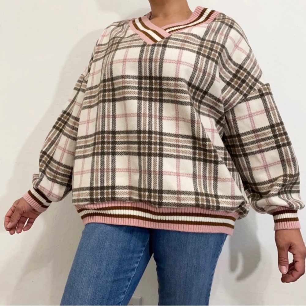 K.S. Be Your Style Women’s M Pink Plaid V Neck Preppy Crew Sweater Pullover